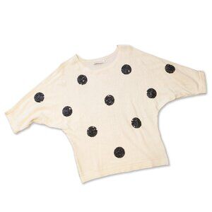Cream/White Knit Top with Black Sequin Dots, Size XS